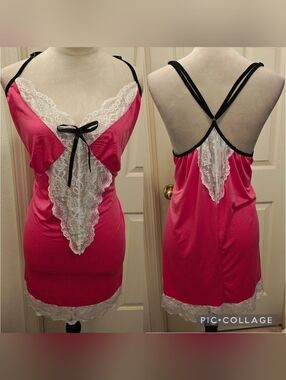 Y2K Plus Size 5X Pink & Lace Lingerie Backless Slip Dress w Bow Detail.
